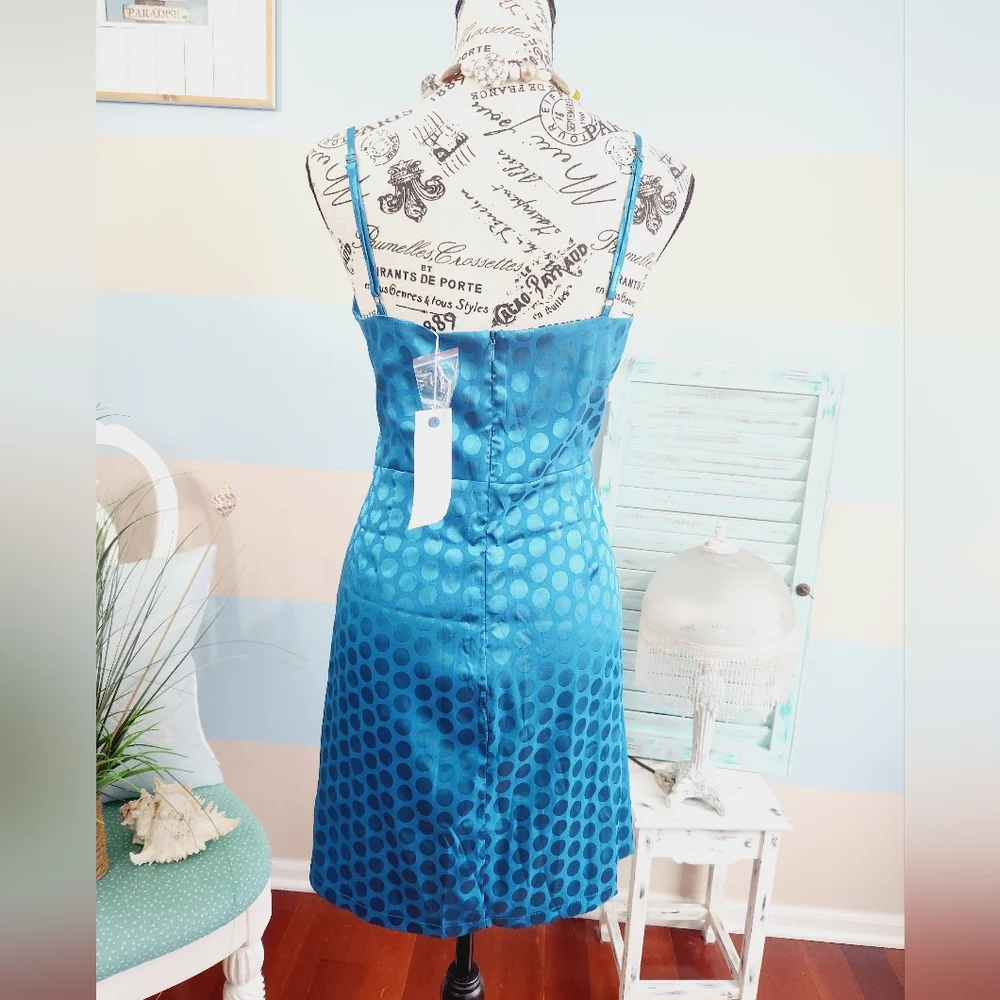 NWT LuLus Lush Celine Teal Blue Satin Polka Dot Twist-Front Mini Dress - Picture 5 of 10